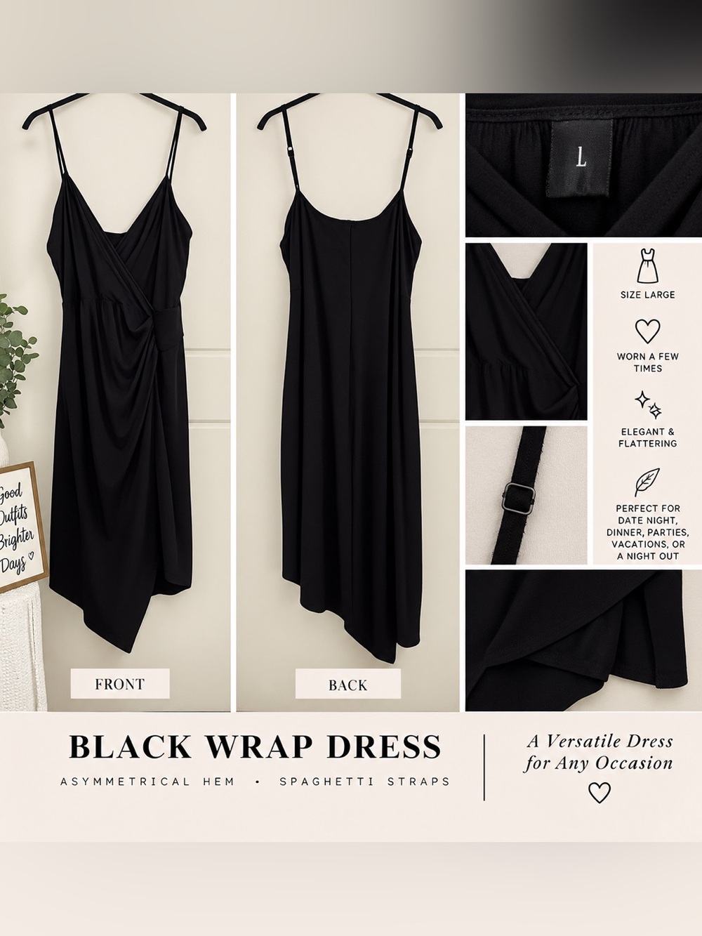 Asymmetrical Black Wrap Dress with Spaghetti Straps